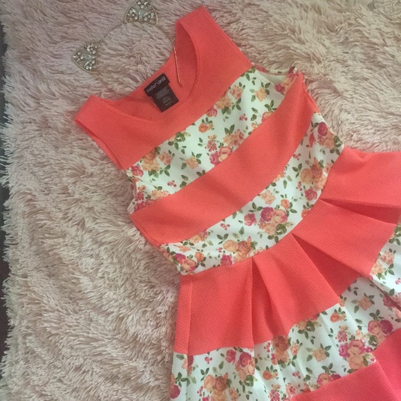 Girl’s Sleeveless Striped Color Block Floral Print Spring Summer Dress - Picture 2 of 5